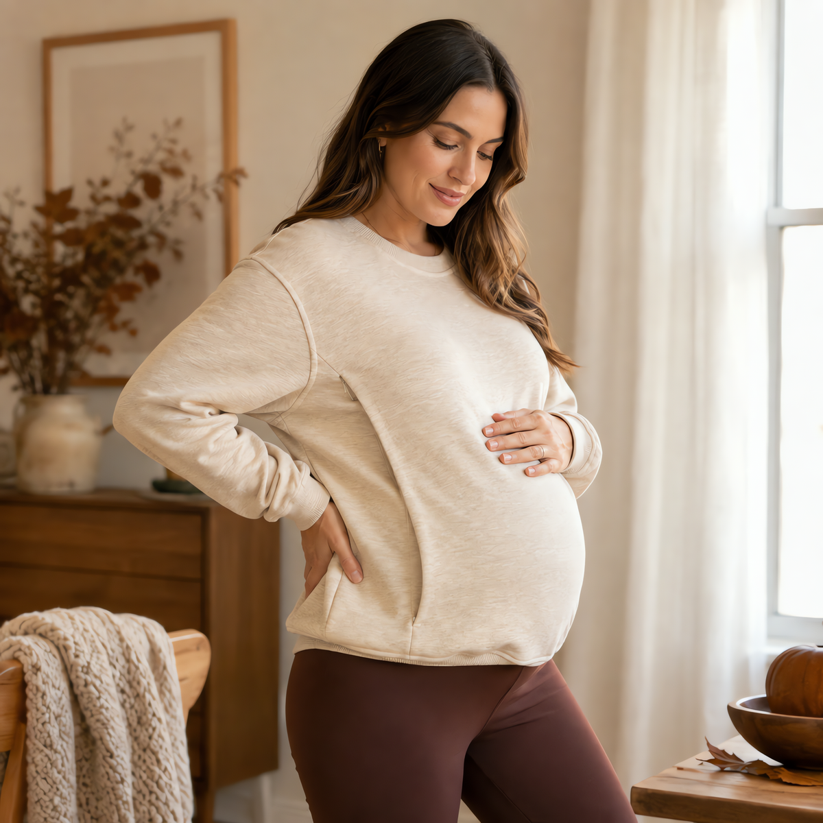 Sudadera Premamá y Lactancia Beige con Cremallera Lateral