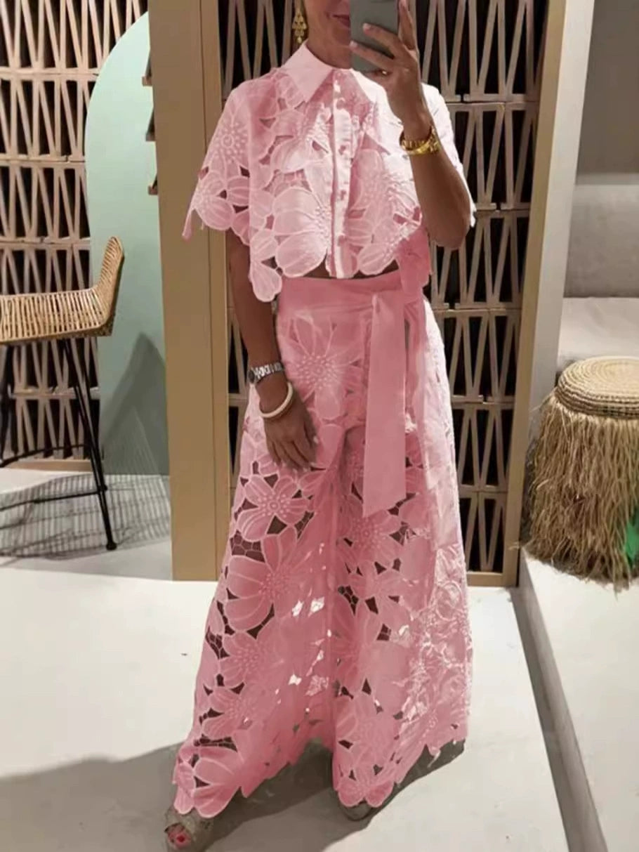 Élira - Conjunto Blusa de Encaje y Pantalón de Talle Alto