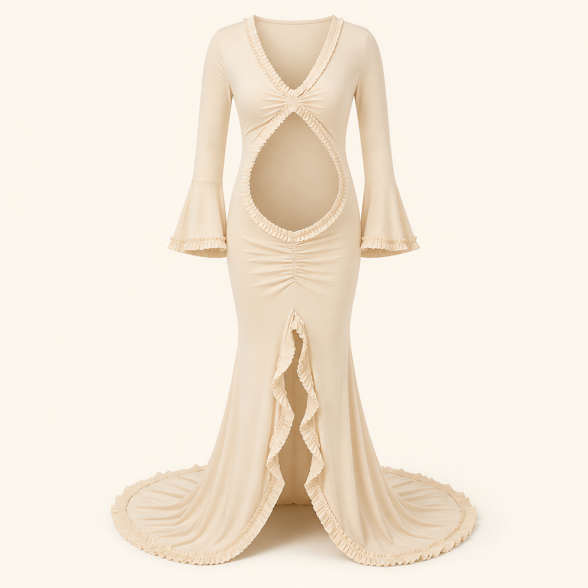 Vestido Premamá Sirena Beige con Abertura y Cola