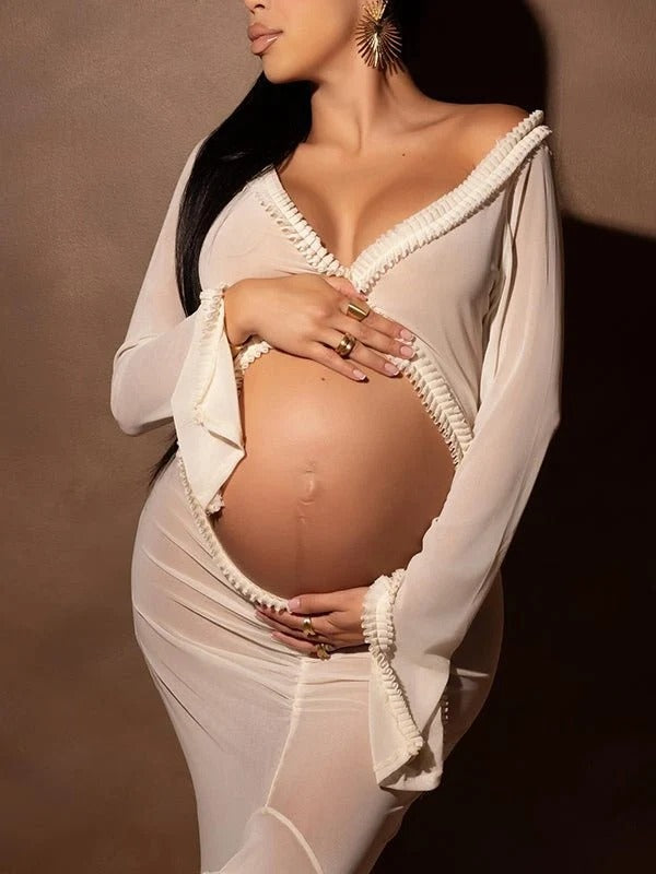 Vestido Premamá Sirena Beige con Abertura y Cola