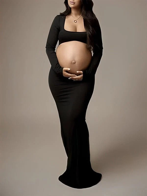 Vestido Premamá Negro Ajustado con Abertura Frontal
