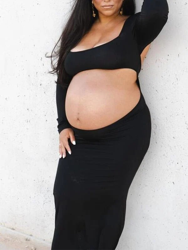 Vestido Premamá Negro Ajustado con Abertura Frontal