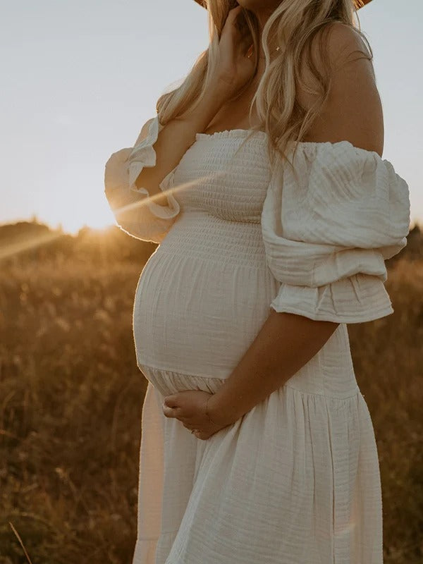 Vestido Premamá Blanco de Muselina con Hombros Caídos