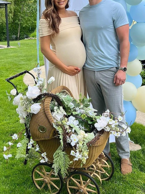 Vestido Premamá Beige Palabra de Honor con Hombros Caídos