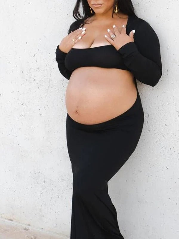 Vestido Premamá Negro Ajustado con Abertura Frontal