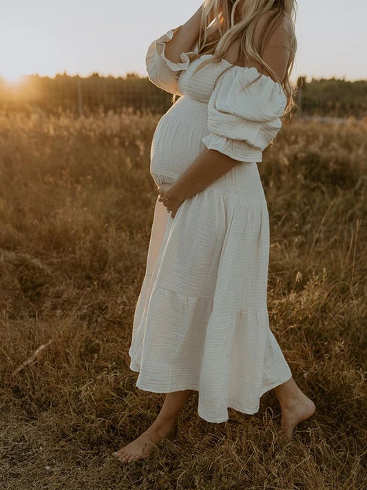 Vestido Premamá Blanco de Muselina con Hombros Caídos