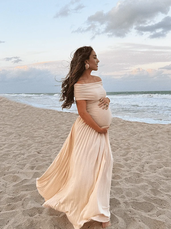 Vestido Premamá Beige Palabra de Honor con Hombros Caídos