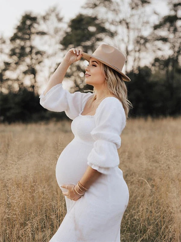 Vestido Premamá Blanco de Muselina con Hombros Caídos