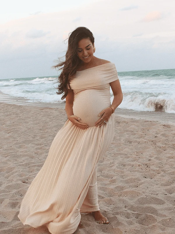 Vestido Premamá Beige Palabra de Honor con Hombros Caídos