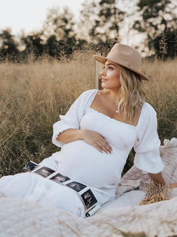 Vestido Premamá Blanco de Muselina con Hombros Caídos