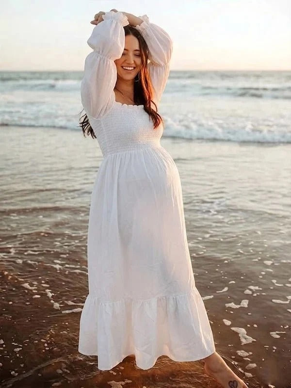 Vestido Premamá Blanco de Muselina con Hombros Caídos