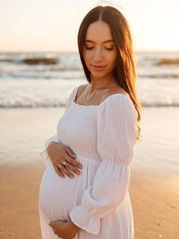 Vestido Premamá Blanco de Muselina con Hombros Caídos