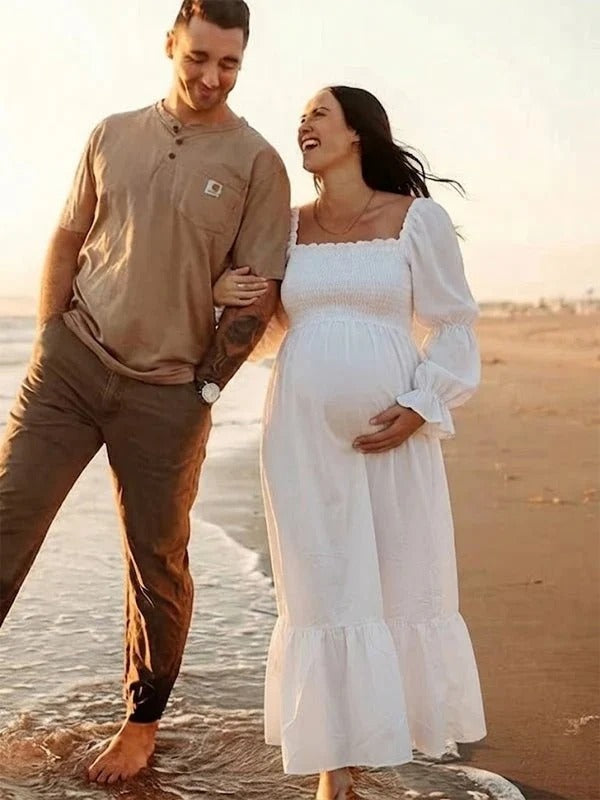 Vestido Premamá Blanco de Muselina con Hombros Caídos