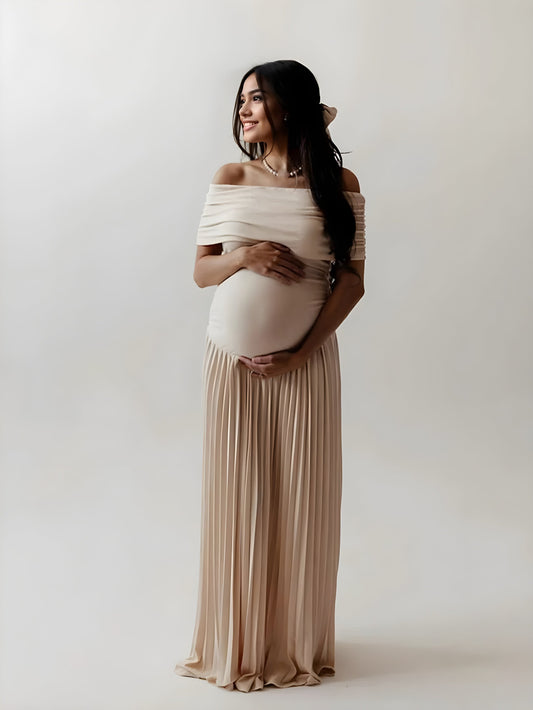 Vestido Premamá Beige Palabra de Honor con Hombros Caídos