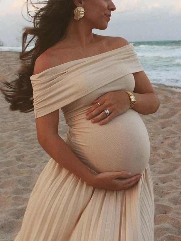 Vestido Premamá Beige Palabra de Honor con Hombros Caídos